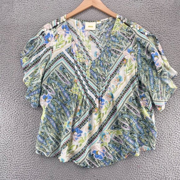 Maeve Anthropologie Top Womens 12 Blue Multi Floral Pleated Short Kimono Sleeve - Picture 1 of 9